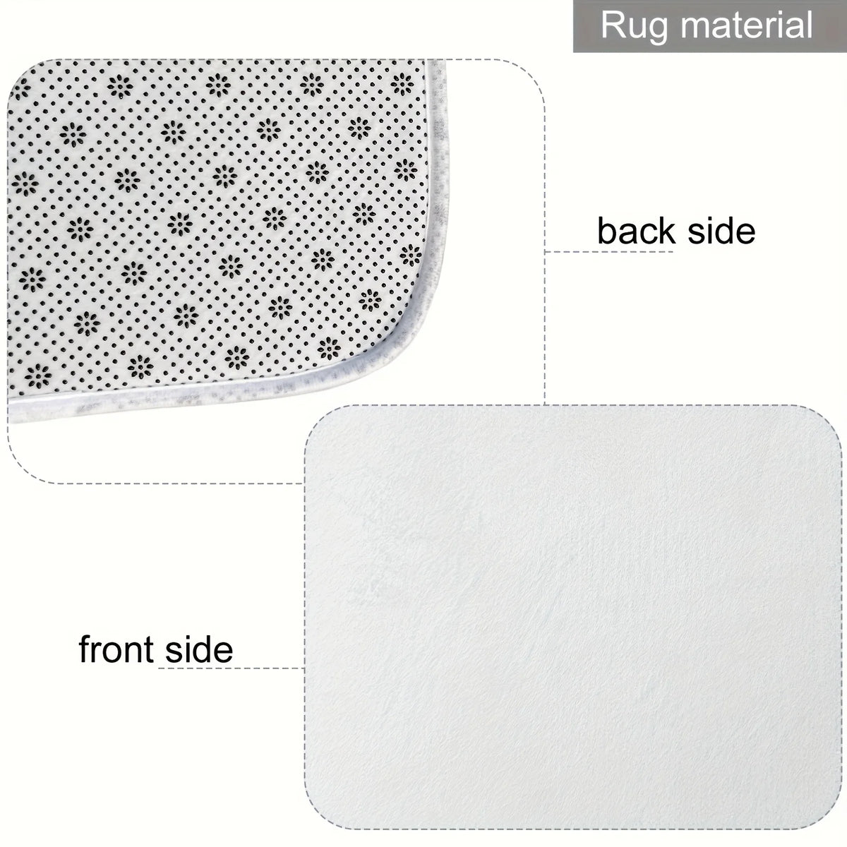 A view of a white bathroom accessory set featuring a patterned rug material on the back side and a smooth white front side.