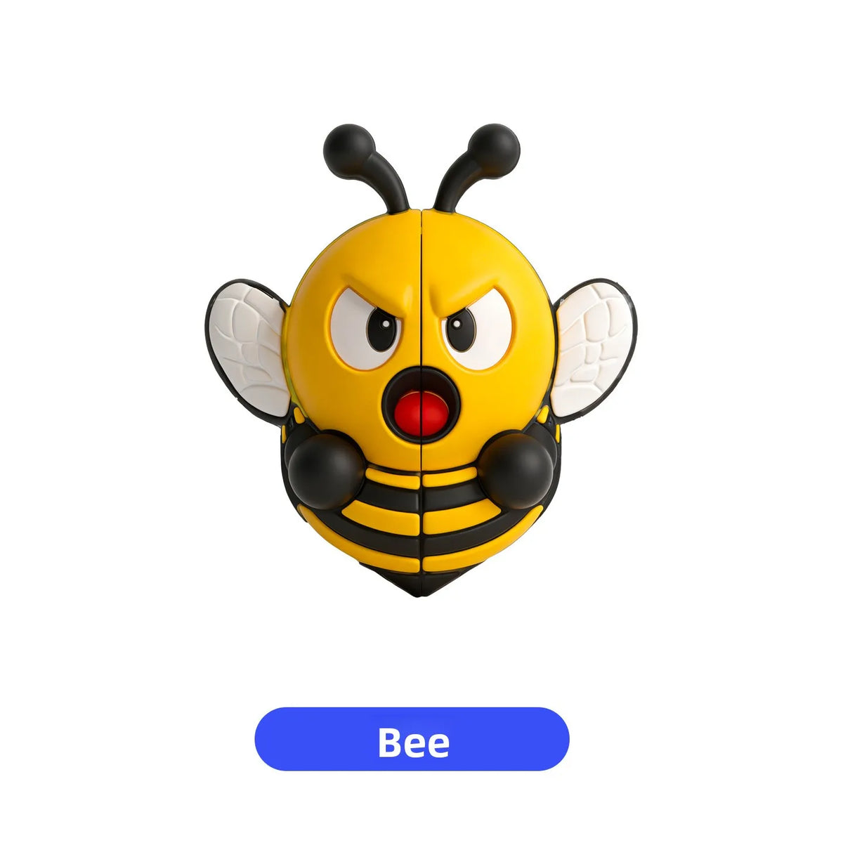 A yellow 3D cartoon bee door edge protector with black stripes and large eyes.