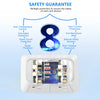 A white surge protector power strip with multiple safety features and four USB charging ports.
