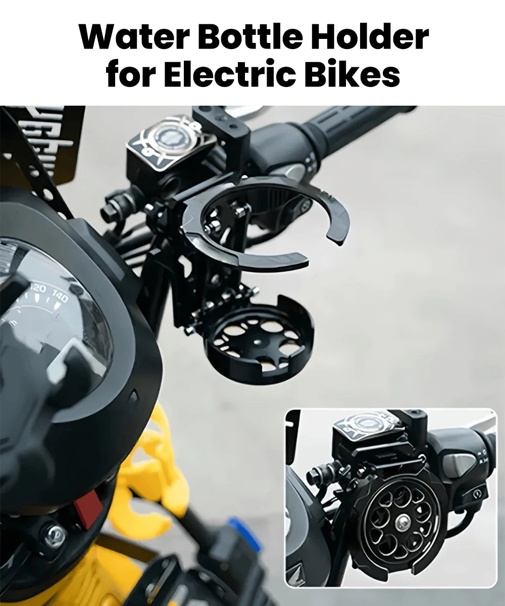 A black water bottle holder is installed on a bicycle handlebar for easy hydration.