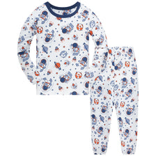 Kids' cotton cartoon astronaut pajama set featuring a white long-sleeve top and matching pants with space themes