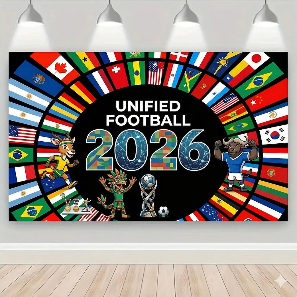 خلفية جدارية دائرية تحمل أعلامًا وطنية وتحيط بالنص 'Unified Football 2026'