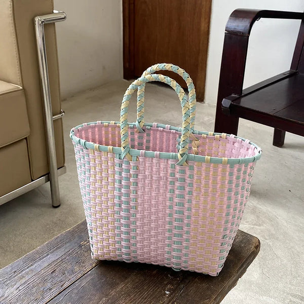 Hand-Woven PVC Tote Bag with Striped Patchwork Design