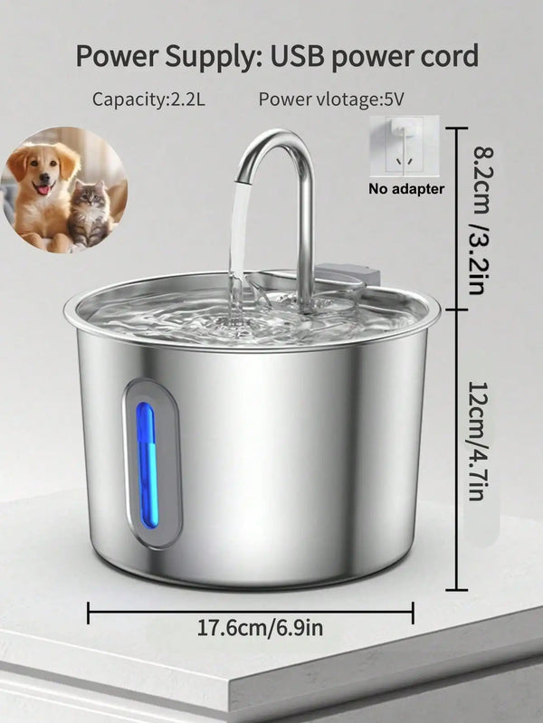 Stainless Steel Cat Water Fountain with LED Light