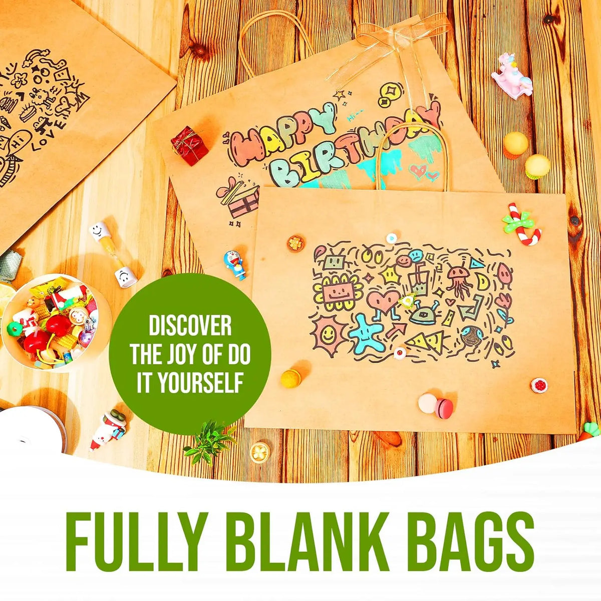Several empty kraft paper bags with handles are displayed on a wooden surface, promoting the idea of fully blank bags.