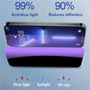 A smartphone with a purple screen protector is shown alongside icons indicating protection from stray light, sunlight, and UV