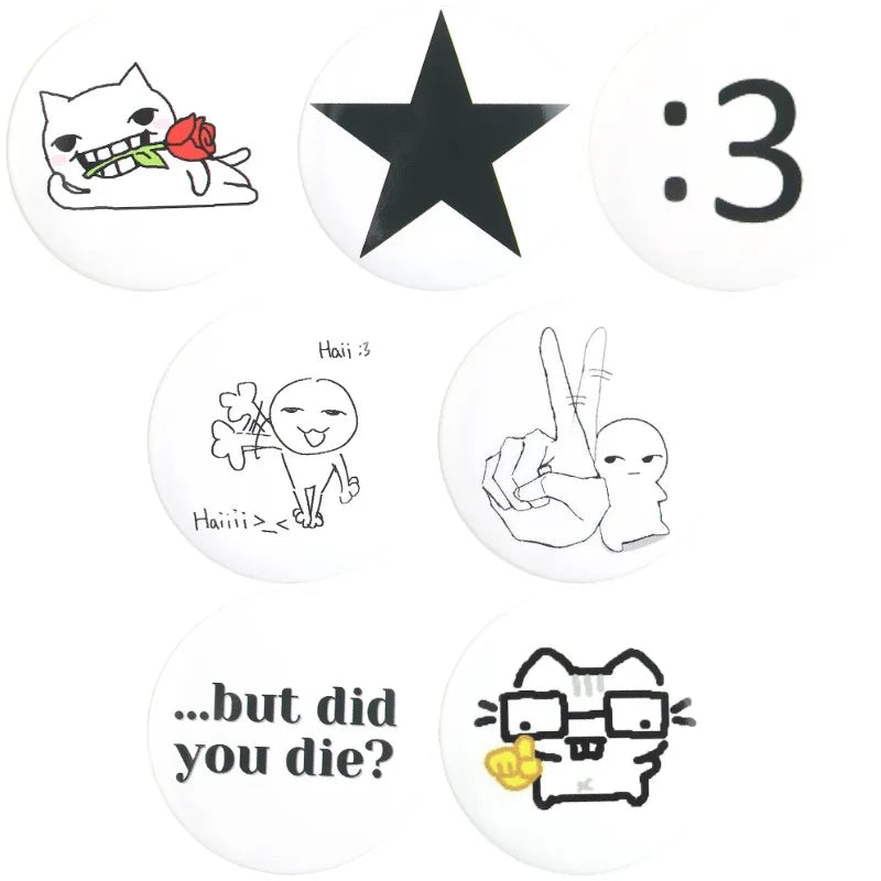A set of playful tinplate pins featuring various cat and dog faces, memes, and text expressions.