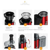 Installation guide showing steps for assembling a stainless steel centrifugal juicer with various components.