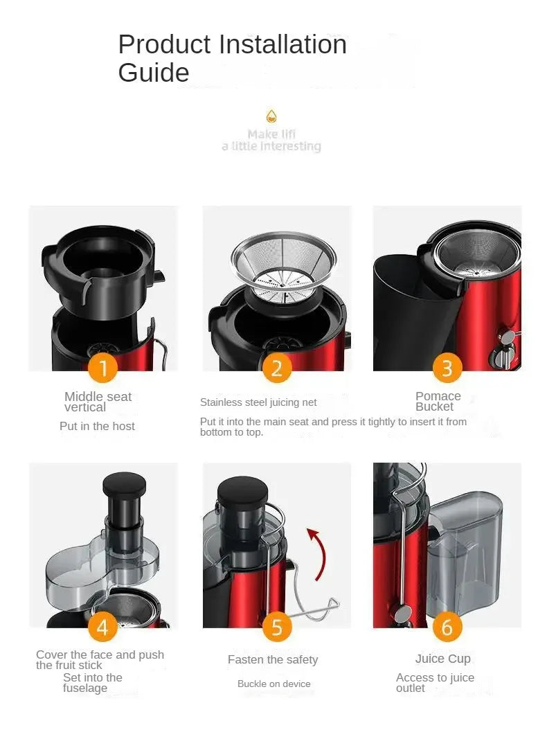 Installation guide showing steps for assembling a stainless steel centrifugal juicer with various components.