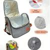 A silver insulated lunch bag with a gray fabric and shoulder strap, showing features like easy cleaning and thermal insulatio