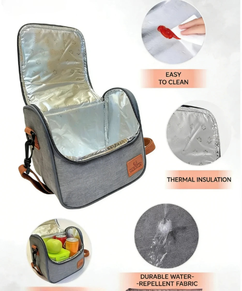 A silver insulated lunch bag with a gray fabric and shoulder strap, showing features like easy cleaning and thermal insulatio