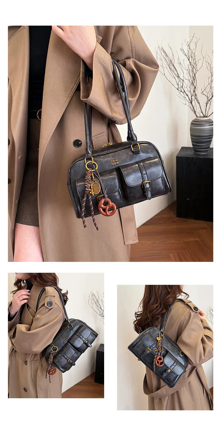 Women's Retro PU Leather Shoulder Bag with Multiple Pockets & Detachable Charm