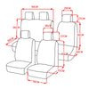 Diagram showing the dimensions of universal car seat covers for two-row vehicles.