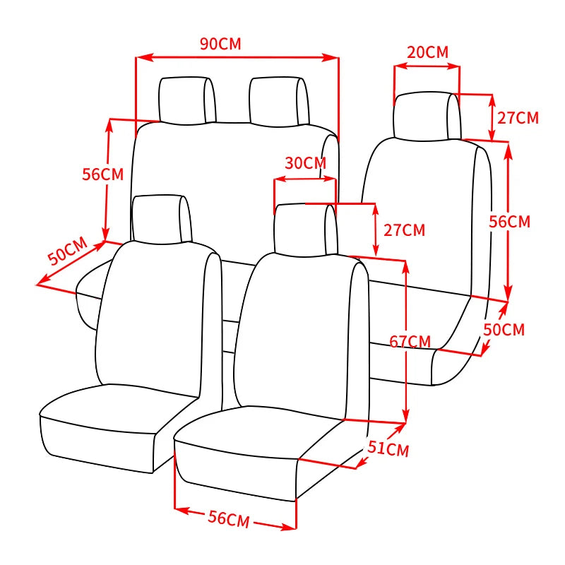 Diagram showing the dimensions of universal car seat covers for two-row vehicles.