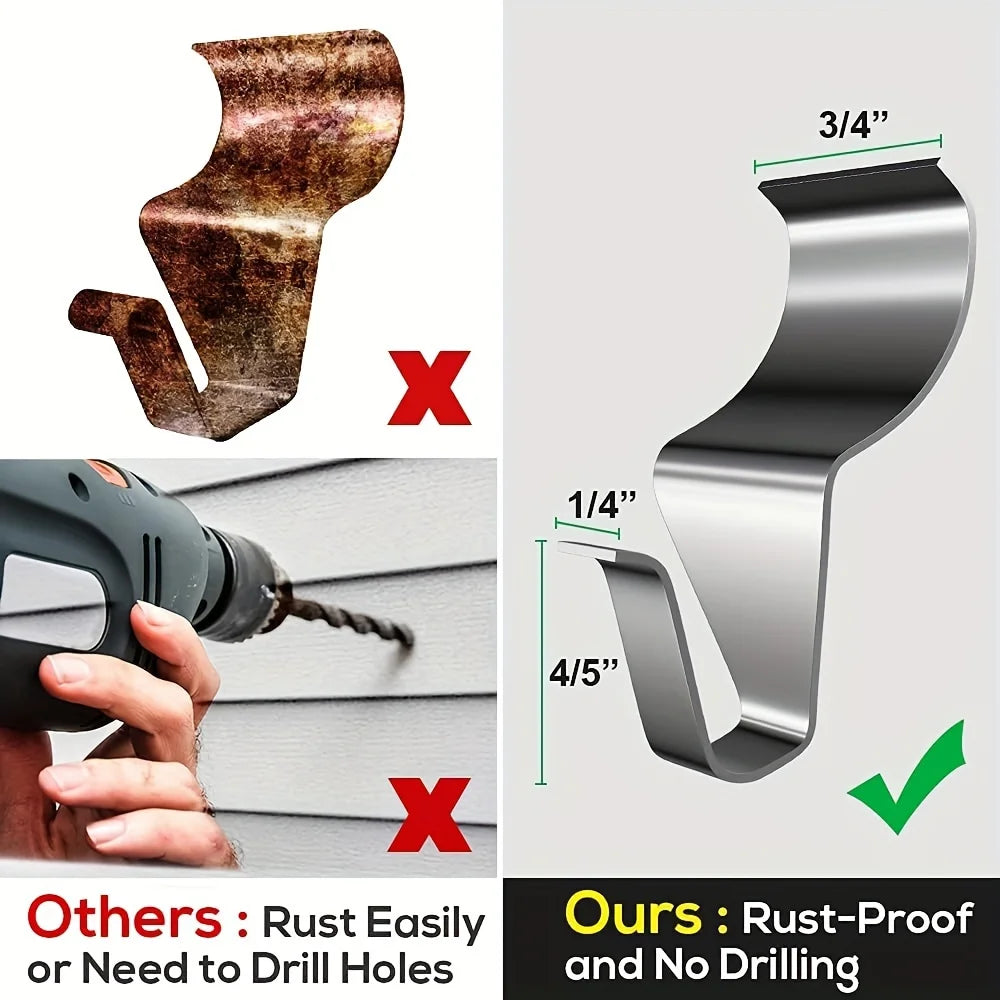 Stainless steel vinyl siding hooks shown in various angles demonstrating installation and rust-proof features.