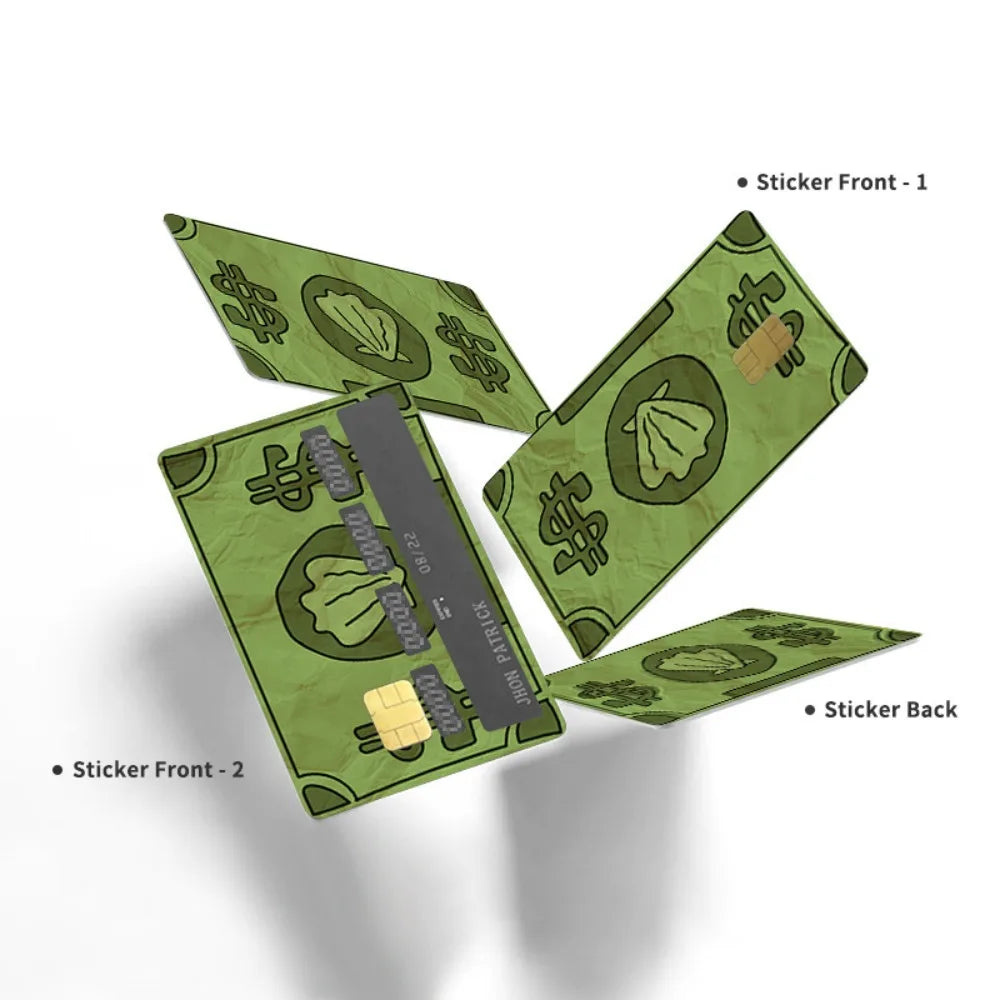 A set of four decorative credit card skin stickers in green featuring dollar signs and text.