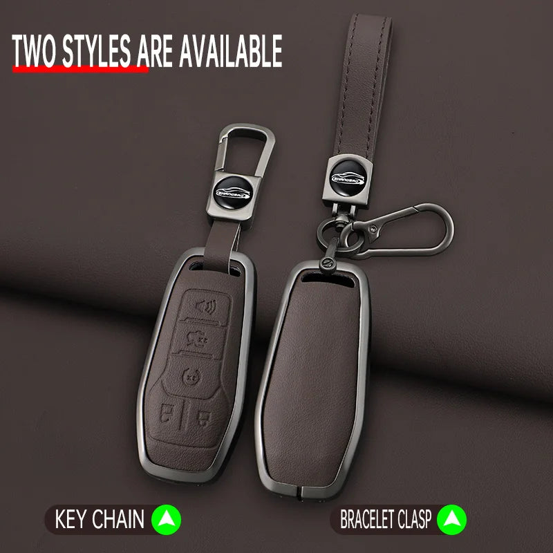 Two styles of a brown leather key chain with a bracelet clasp and key case cover are displayed.
