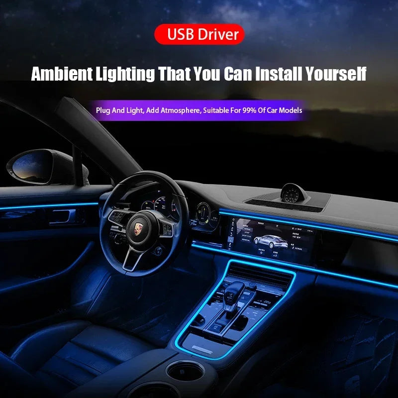 A car interior showing an ambient lighting setup installed on the dashboard and steering wheel area.
