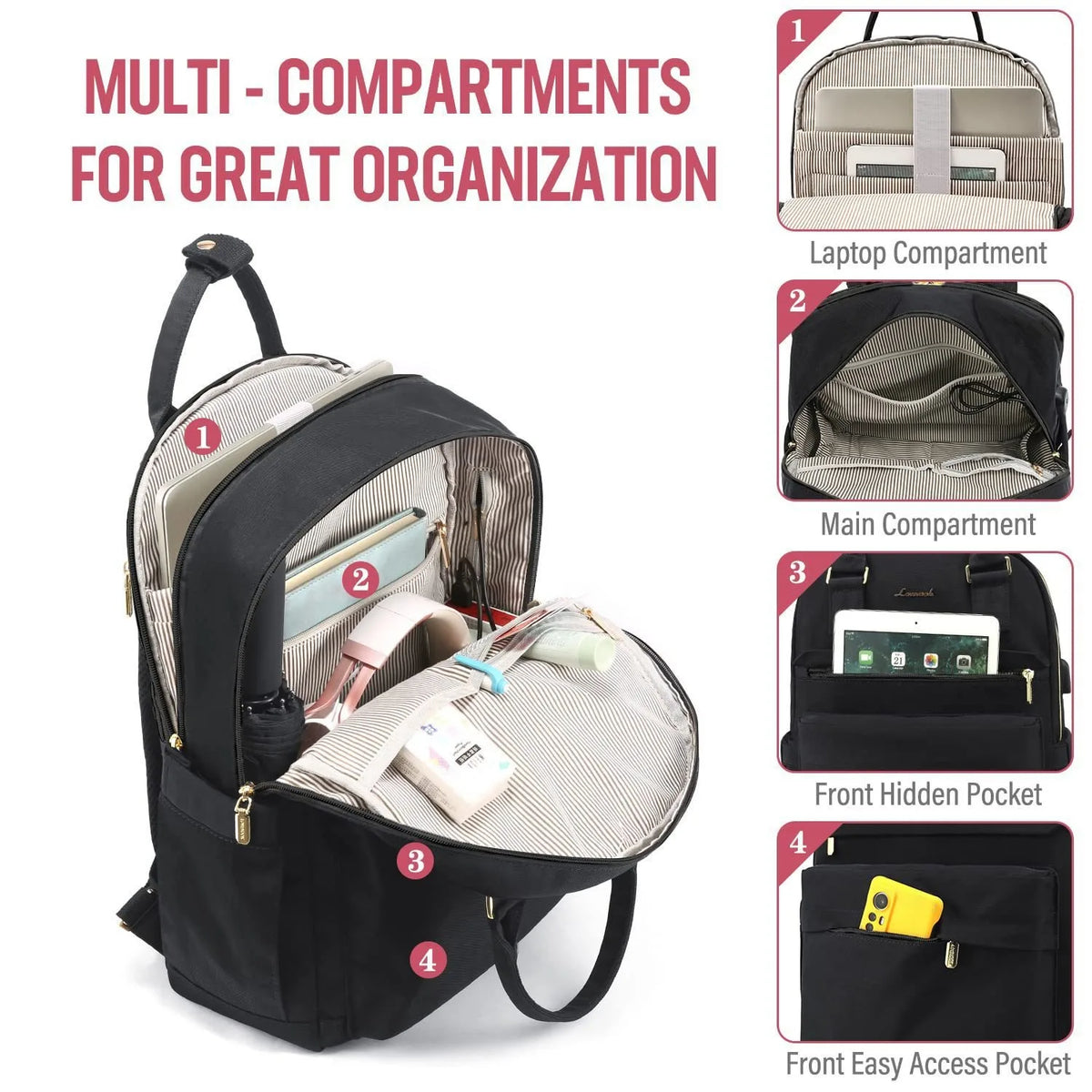 Women's Nylon Waterproof Casual Backpack with USB Port, Fits 15.6 Inch Laptop