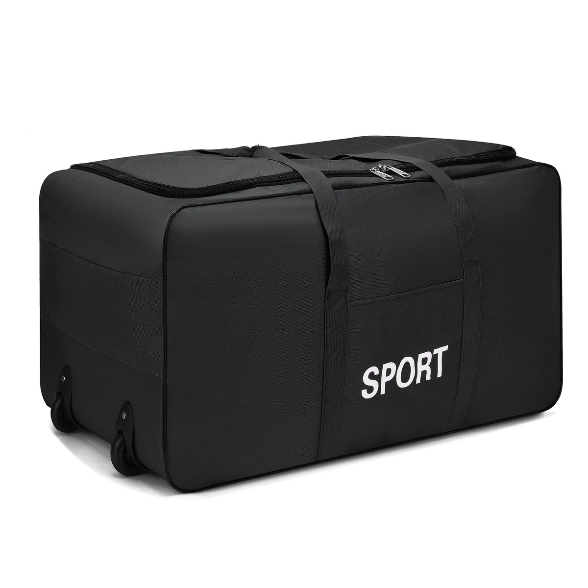 A black heavy-duty waterproof travel duffel bag with the word SPORT printed on it.