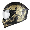 A black full-face motorcycle helmet featuring a gold and black tribal or animal print design.