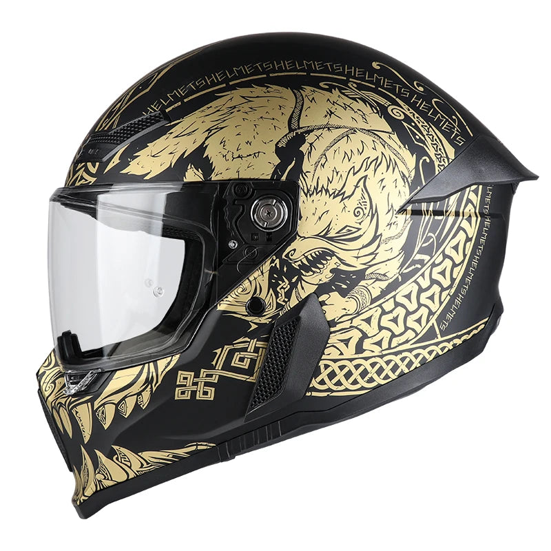 A black full-face motorcycle helmet featuring a gold and black tribal or animal print design.