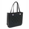 Schwarze tragbare EVA-Strandtasche mit zwei Henkeln und kleinem Logo-Detail.