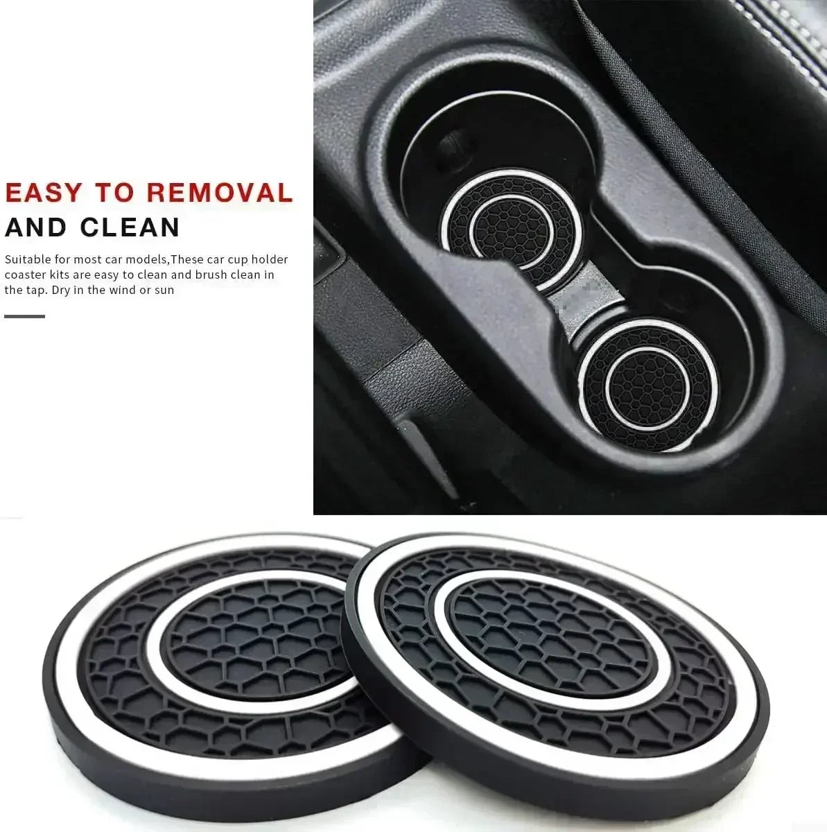 A set of two black and white non-slip silicone car cup holder coasters shown next to a product interior.