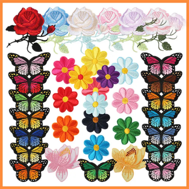 A collection of embroidered iron-on patches featuring various colorful butterflies and roses.
