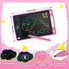 A pink LCD writing tablet for kids showing a dinosaur drawing on the screen with an eraser and lock key.