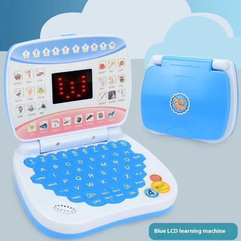 A blue LCD learning machine toy with a pink and white casing and a keypad is shown next to its open case.