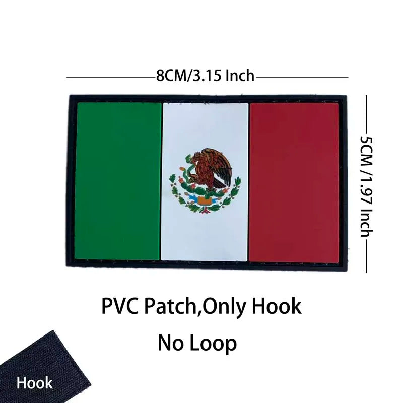 A rectangular green, white, and red Mexico flag patch with a hook for attachment.