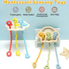 Montessori sensory toys featuring silicone teethers with textured pull strings in various colors
