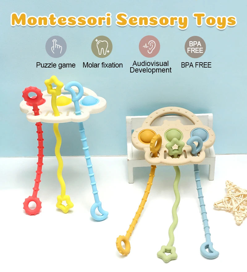 Montessori sensory toys featuring silicone teethers with textured pull strings in various colors