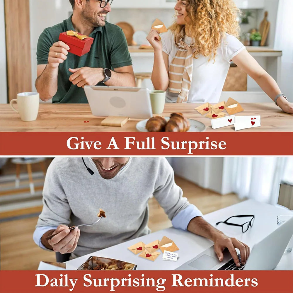 A woman and a man are writing love notes on cards and envelopes for a surprise, with daily reminding stationery visible.