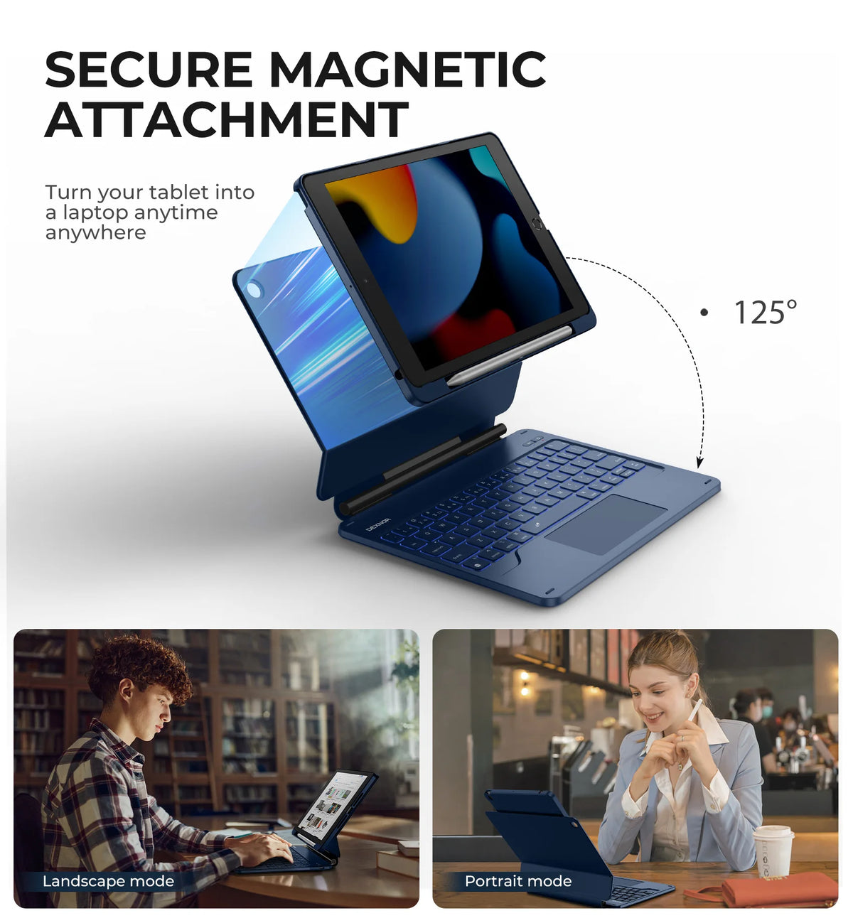 A blue magnetic keyboard case attaches a tablet to a laptop for secure magnetic attachment in landscape and portrait modes.