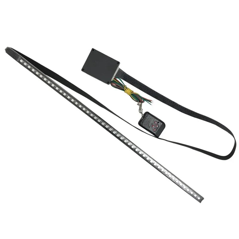 A black LED light strip with a remote control is shown, designed for car scanning.