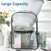 A transparent PVC backpack with cushioned straps is shown next to a laptop and a potted plant.