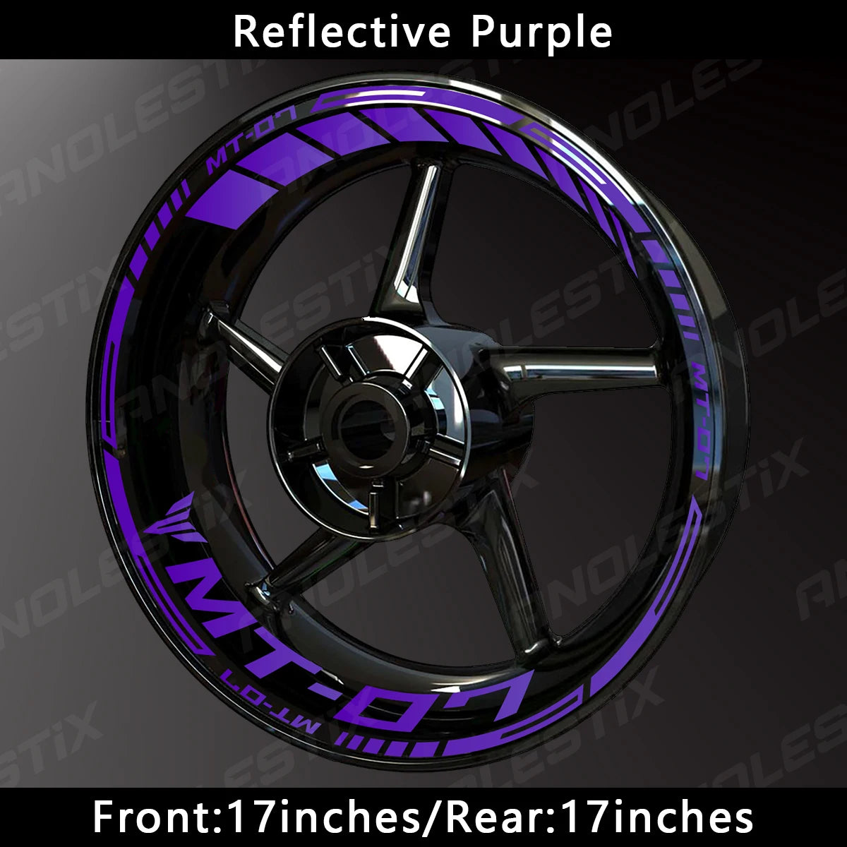 A close-up view of a motorcycle wheel featuring reflective purple decals and the MT-07 branding.