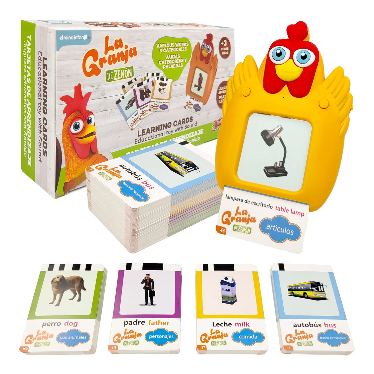A set of La Granja flash cards featuring animals and objects for bilingual learning with a yellow duck toy