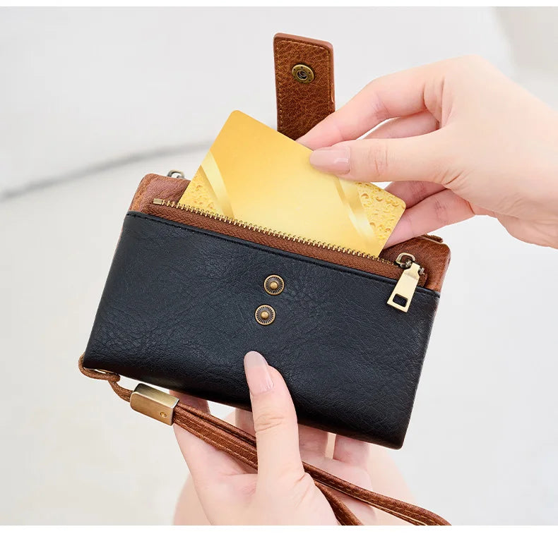 Vintage RFID-Blocking Triple-Fold Wallet with Double Zipper