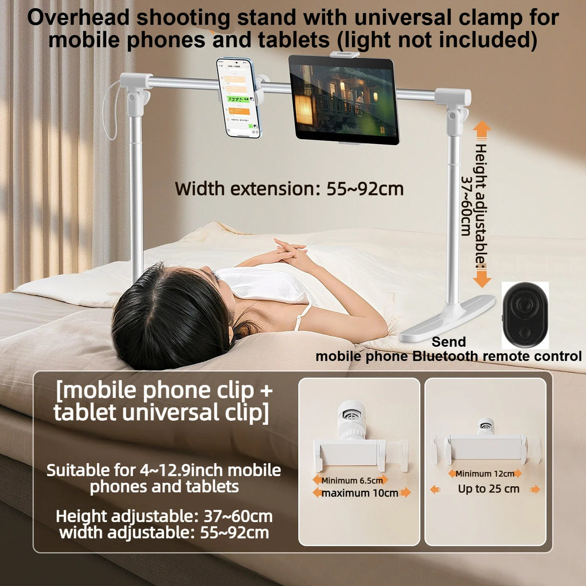 Overhead shooting stand with universal clamp for mobile phones and tablets used to mount devices above a person on a bed.
