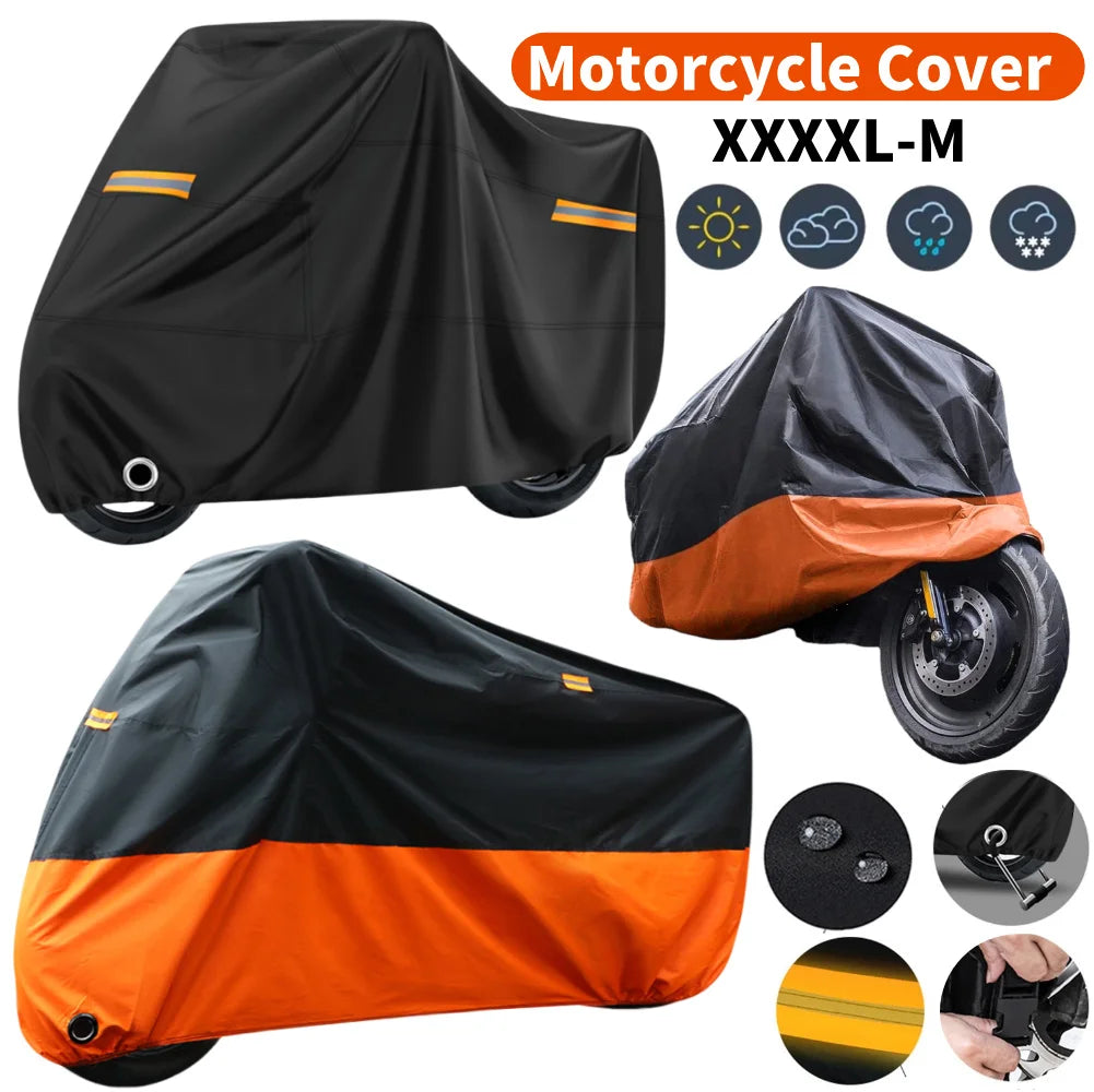 Housse de moto noire et orange avec divers icônes météorologiques montrées sous différents angles