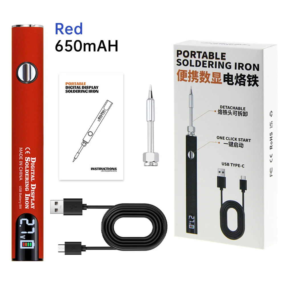 Red 650mAh portable soldering iron with detachable tip and USB charging cable