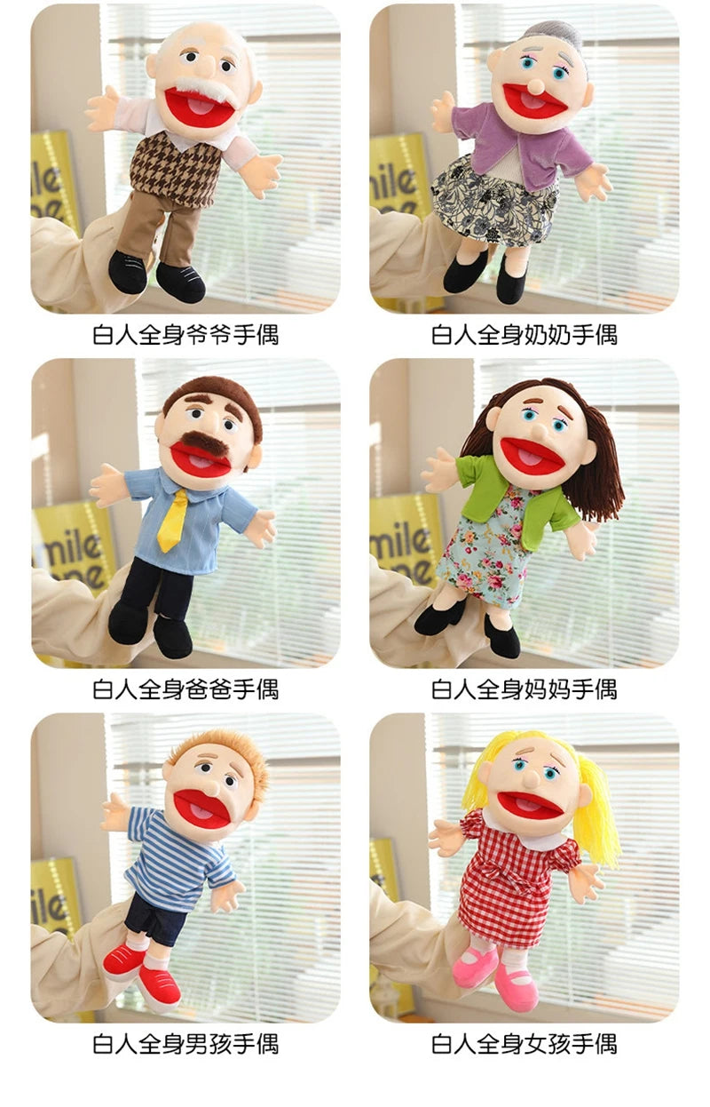 A collection of soft plush full-body hand puppets featuring various characters, including male and female figures.