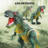 A green and yellow dinosaur toy T-Rex simulating walking and swinging motions in a grassy outdoor setting.