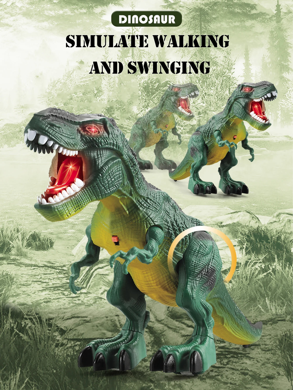 A green and yellow dinosaur toy T-Rex simulating walking and swinging motions in a grassy outdoor setting.