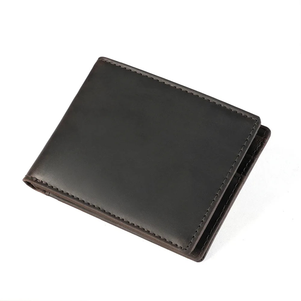 A dark brown men's genuine cowhide leather bifold wallet with a retro finish.