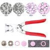 Metal snap fastener kit with pliers tool showing various sizes of metal rings and a pair of pliers