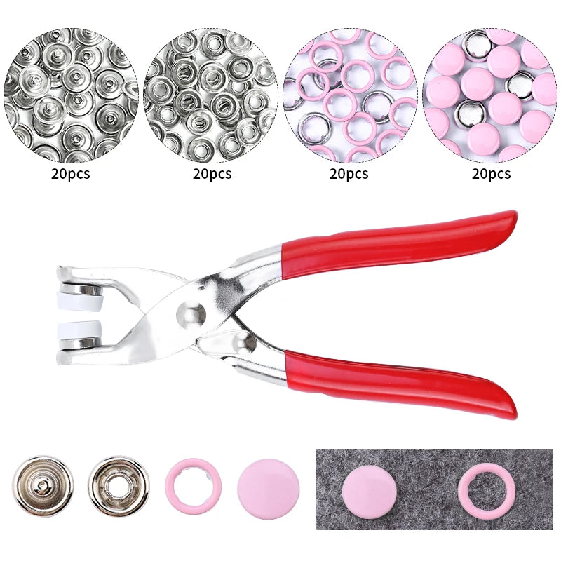 Metal snap fastener kit with pliers tool showing various sizes of metal rings and a pair of pliers